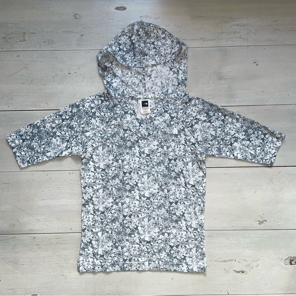 The North Face White Blue Floral Women’s Hooded Top Elbow Length Sleeves Size S